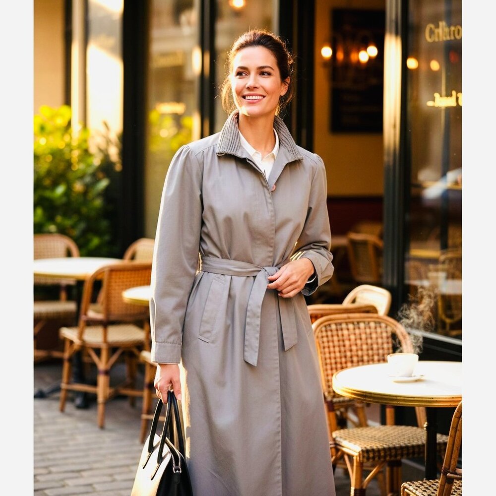 VTG Alorna Cotton Blend‎ Trench-Coat 9/10 Petite Beige Ruched Collar #235A